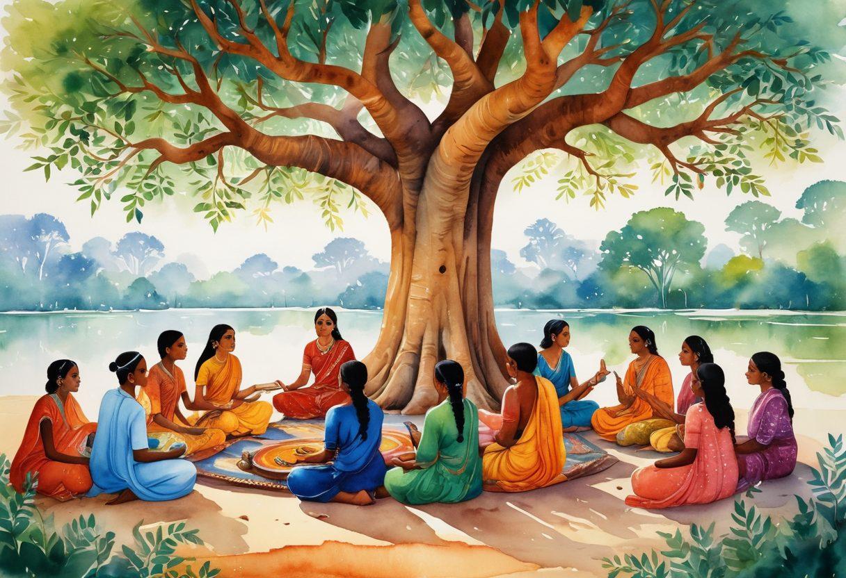 A vibrant illustration depicting an ancient storyteller surrounded by captivated listeners under a banyan tree, with elements of Indian mythology like colorful deities and magical creatures floating around. Traditional folk art patterns embellish the scene, harmonizing the essence of Desi storytelling and cultural heritage. The atmosphere is warm and inviting, infused with rich colors to evoke nostalgia and wonder. watercolor. traditional Indian folk art.