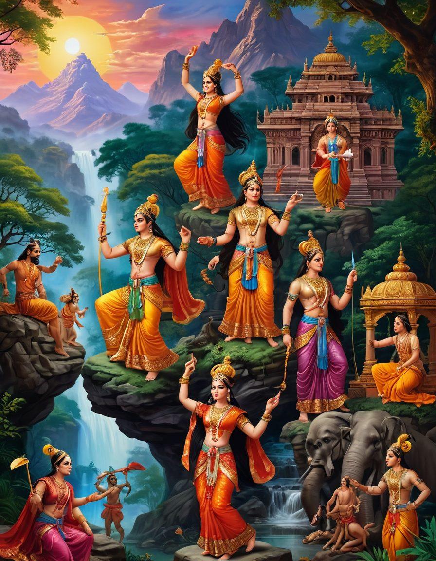 A mystical scene depicting characters from Indian epic narratives like the Mahabharata and Ramayana, with vibrant colors showcasing their rich attire and intricate details. In the backdrop, iconic landscapes like ancient temples and lush forests hint at India's diverse geography. Elements symbolizing unity and culture are subtly integrated, such as traditional dance poses or musical instruments. The overall atmosphere should evoke a sense of wonder and connection to heritage. super-realistic. vibrant colors. historical art.