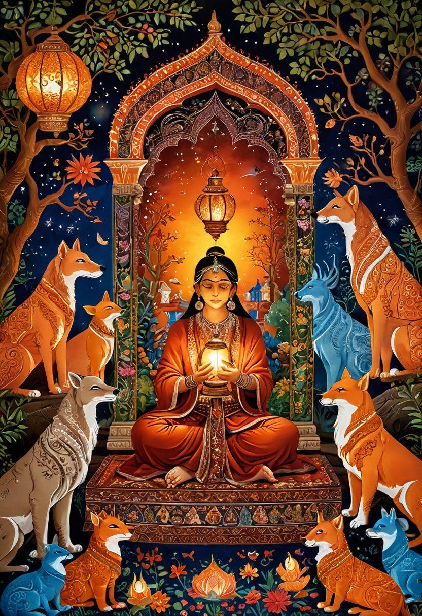 A captivating scene depicting an ancient Indian storyteller surrounded by vibrant illustrations of folklore characters like mythical beasts and heroic figures from epics. The storyteller, dressed in traditional attire, holds a lantern illuminating intricate henna patterns on a nearby tapestry. Enchanting landscapes of Indian temples and forests weave through the backdrop. Warm, inviting colors create a mystical atmosphere. painting. vibrant colors. intricate details.